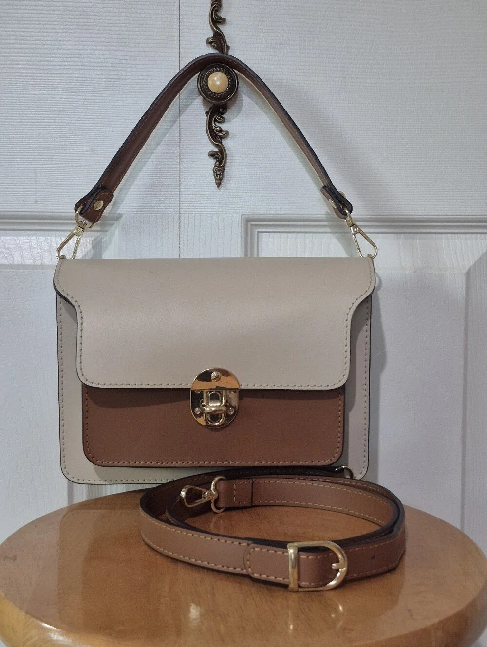 Isadora Italian Leather Satchel With Crossbody Stap Cream And Brown